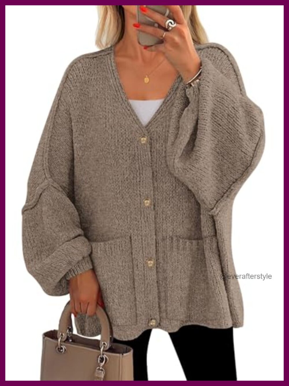 Oversized Chunky Knit Cardigan Women V-Neck Lantern Sleeve